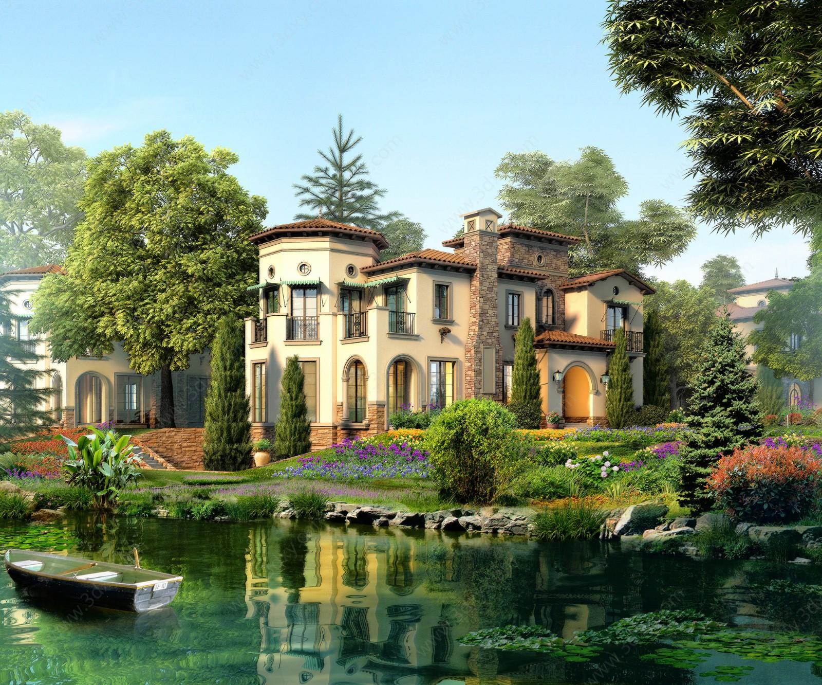 欧式湖景别墅室外整体3D模型