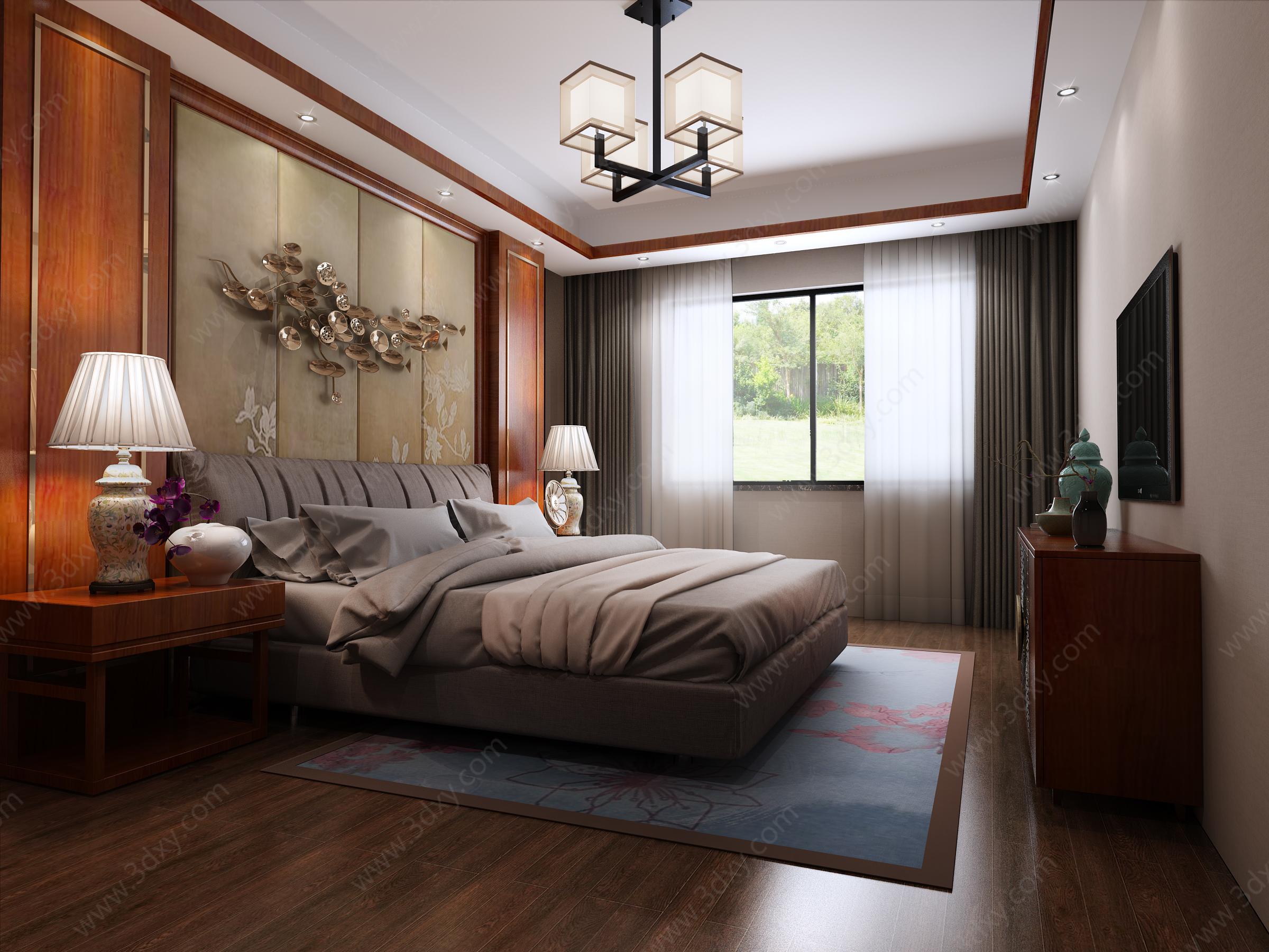 卧室，主卧，新中式，中式3D模型