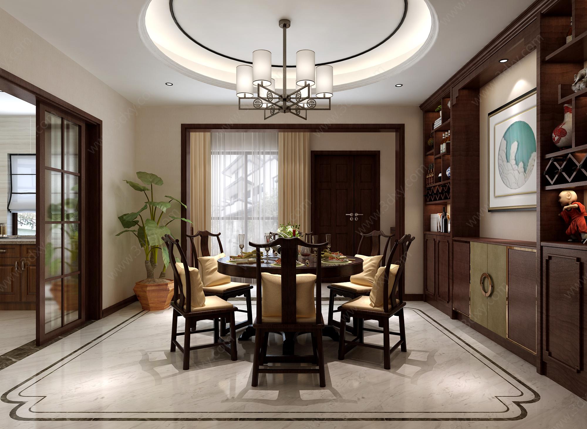 中式餐厅餐桌椅酒柜吊灯3D模型