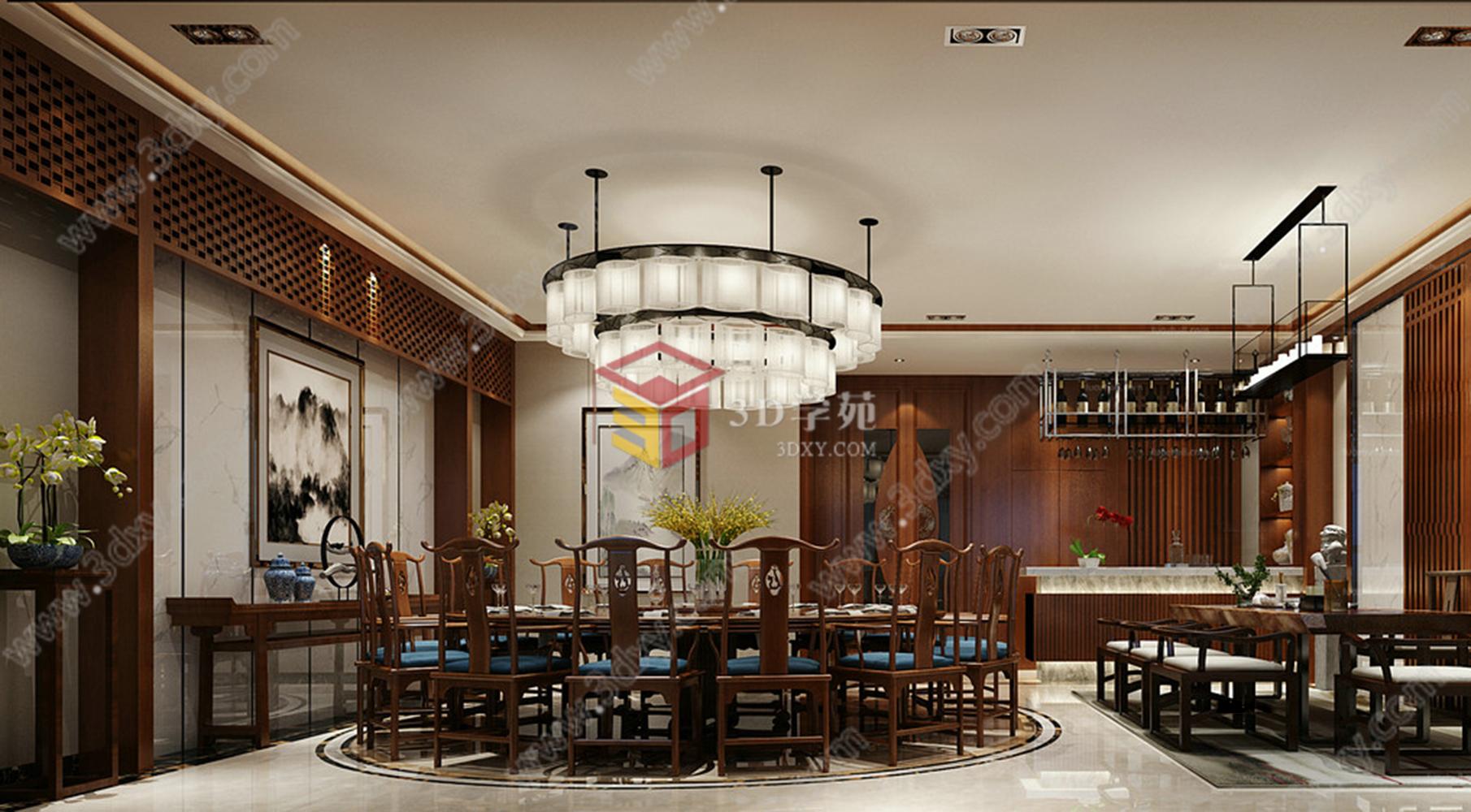新中式餐厅包房3D模型