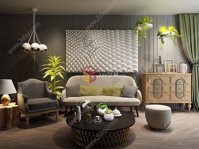 北欧双人沙发休闲椅茶几边柜植物吊灯立体挂画组合3D模型