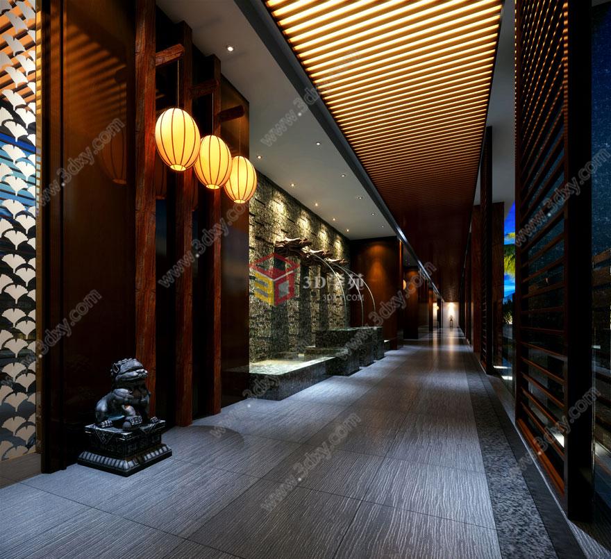 中式豪华餐厅过道3D模型