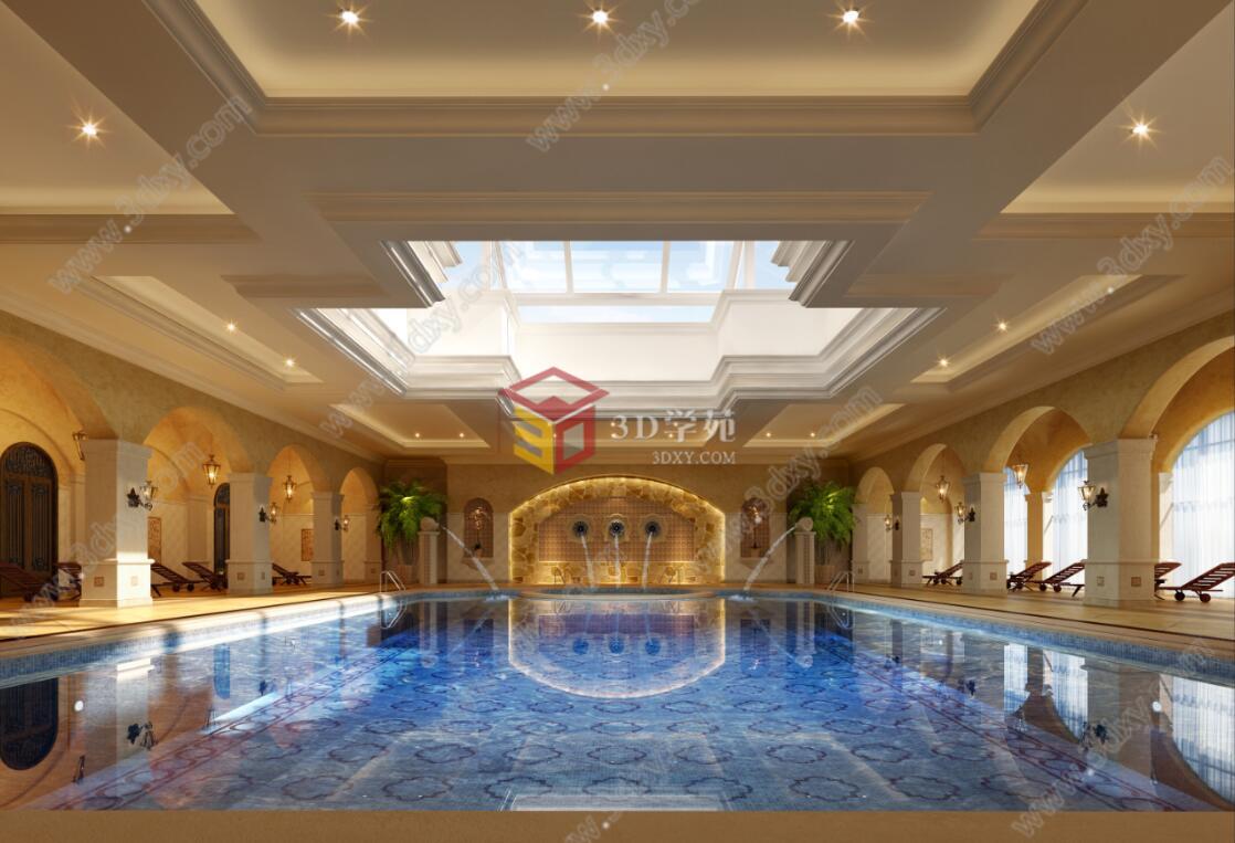 现代豪华室内游泳池3D模型
