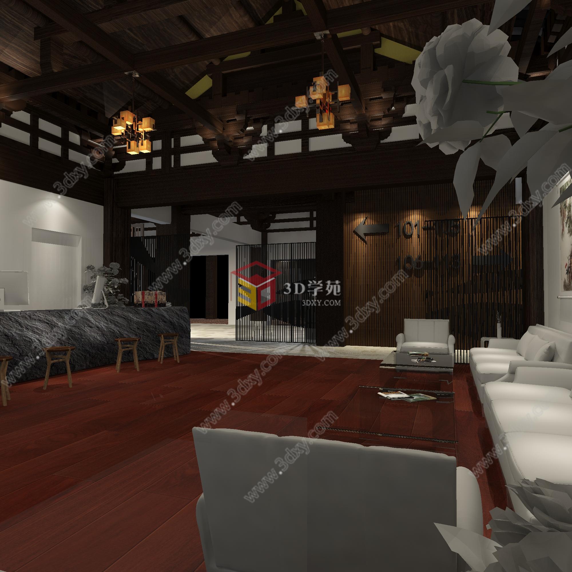 传统风民宿前厅3D模型
