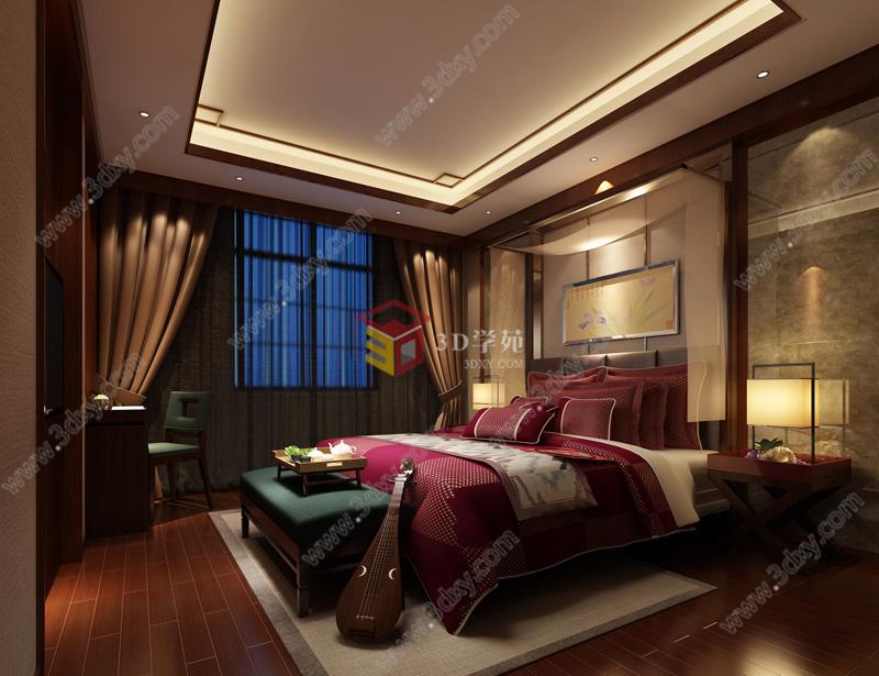 现代中式卧室新中式床组合3D模型
