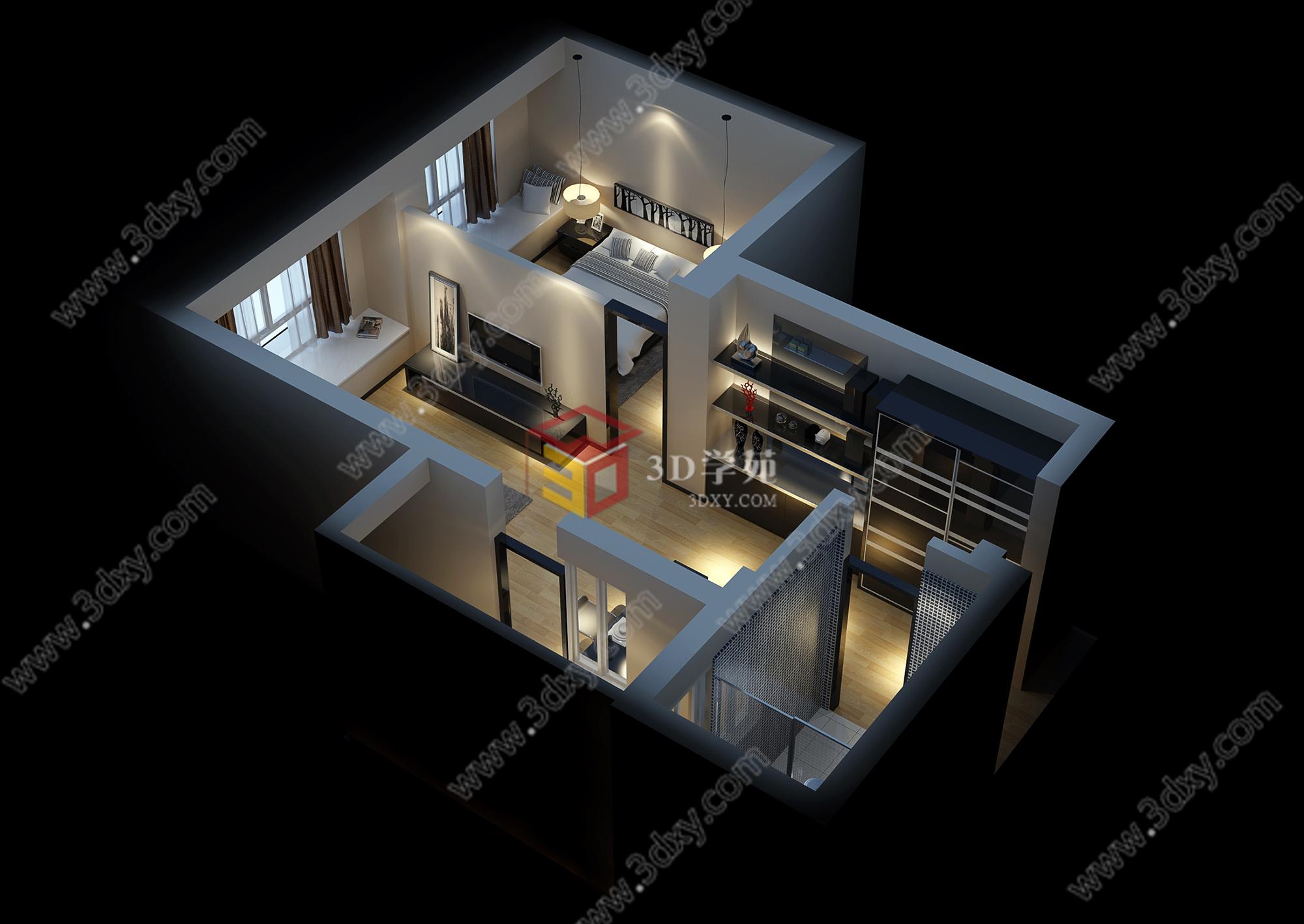 C户型卧室客厅3D模型