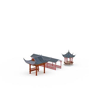 中式六角亭四角亭长廊3d模型