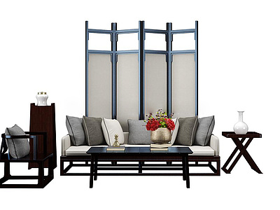 现代中式客厅沙发屏风组合3d模型3d模型