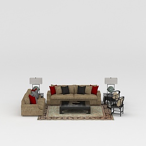 中式布艺沙发茶几组合3d模型