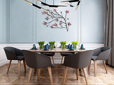 现代北欧餐桌椅富贵竹盆景组合3d模型
