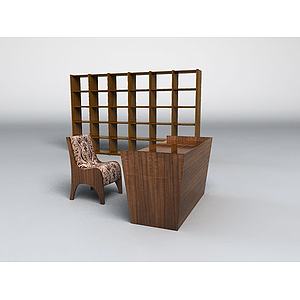 现代实木书台椅子书柜组合3d模型