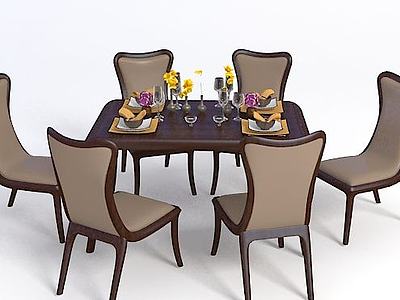 咖啡色餐桌椅组合3d模型3d模型