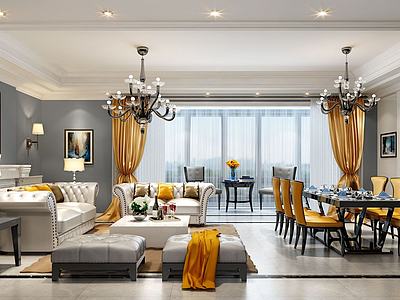 窗帘椅子黄白色系风格客厅3d模型3d模型