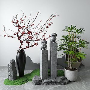 新中式景观小品石狮子盆栽3d模型
