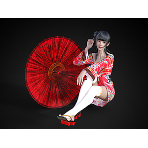 日式坐姿美女和服美女撑伞3d模型