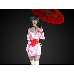 日式美女和服美女撑伞的3d模型