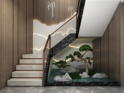 新中式楼梯山水景观模型3d模型