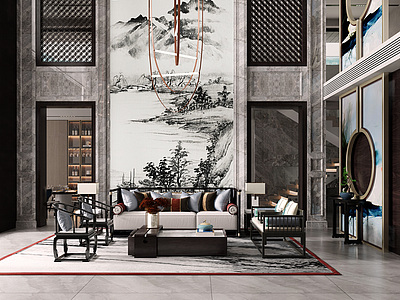 中式别墅挑高客厅模型3d模型