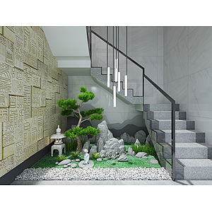 新中式楼梯间山水松树景观3d模型
