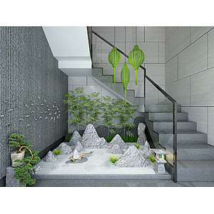 新中式楼梯间山水松树景观3d模型
