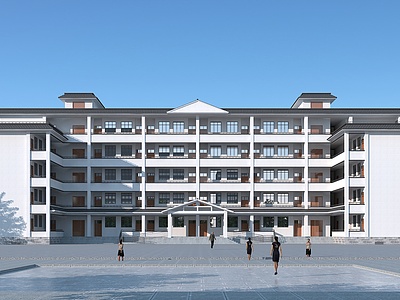 新中式风格单体建筑教学楼模型3d模型