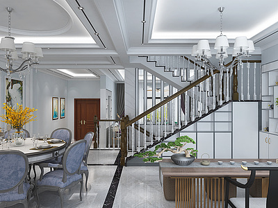 轻奢别墅客厅餐厅楼梯模型3d模型