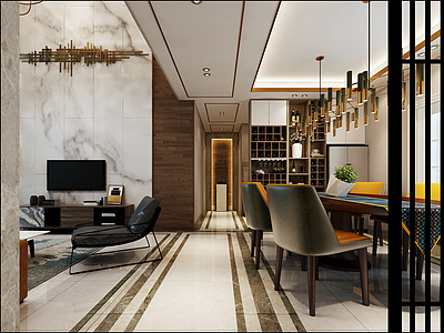 现代轻奢loft客厅餐厅模型3d模型