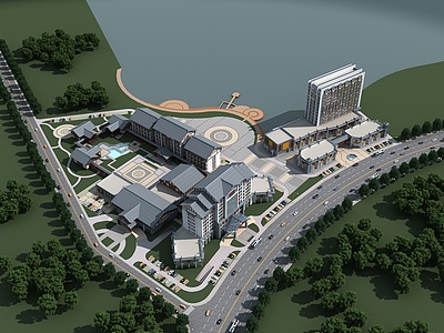 3d新中式酒店鸟瞰规划模型
