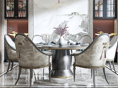 3d新中式餐厅餐椅圆桌吊灯模型