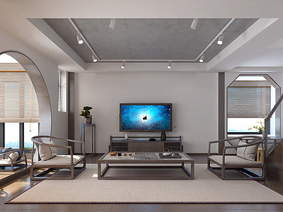 3d新中式客厅电视柜茶桌模型