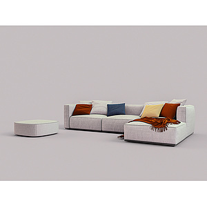 白色帆布多人L型沙发3d模型