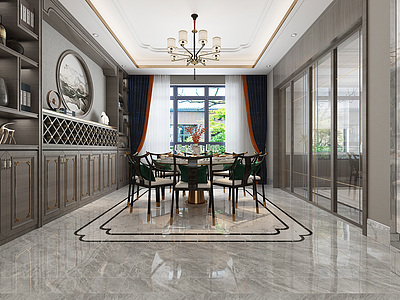 3d新中式客餐厅吊灯挂画模型