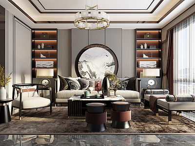 3d新中式客厅沙发组合茶几模型