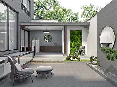 3d新中式别墅庭院模型