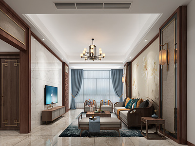3d新中式客厅沙发电视柜模型