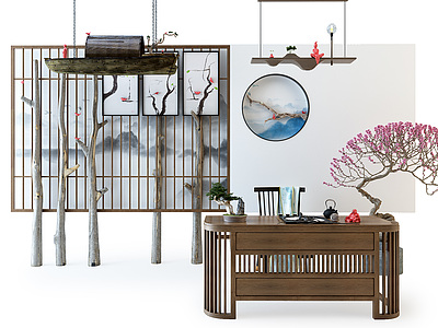 3d中式茶台单椅木船吊灯组合模型