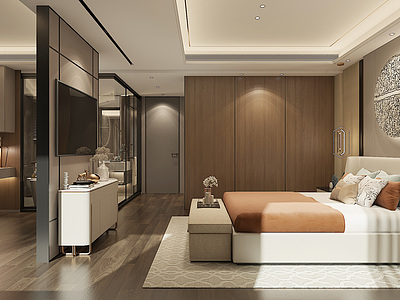 3d港式卧室墙饰双人床模型