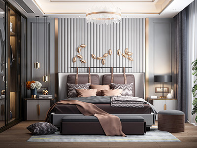 卧室床头背景墙床具模型
