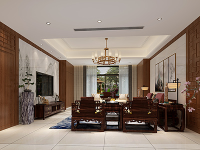 3d新中式轻奢风格客厅模型