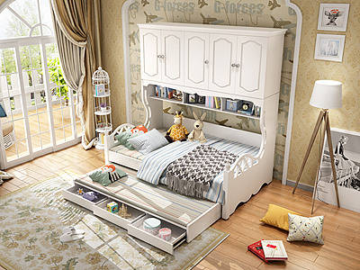 美式卧室儿童双层床模型3d模型
