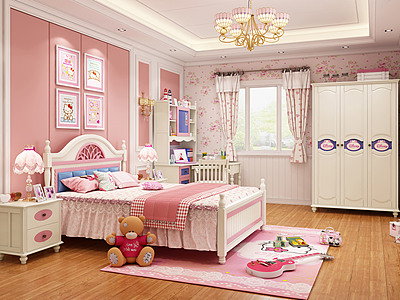 3d美式卧室女孩儿童房模型