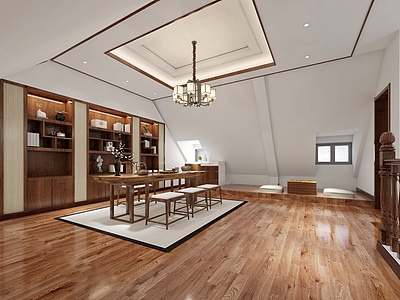 3d新中式茶室阁楼模型