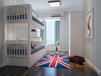 3d美式卧室儿童房上下床模型