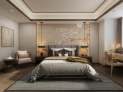 3d新中式卧室吊灯挂画模型