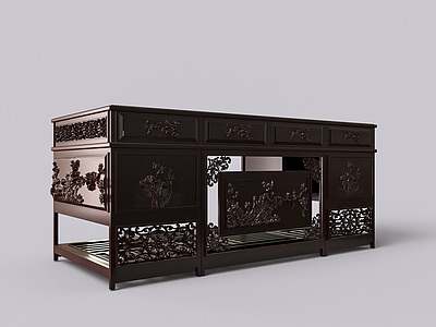 3d中式红木雕花书桌模型