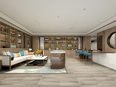 3d新中式客厅沙发书柜模型