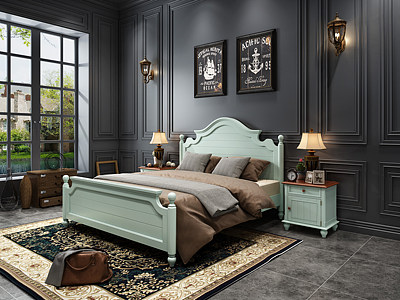 美式卧室双人床床头柜模型3d模型