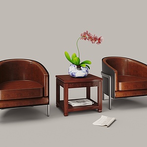 新中式棕色皮革单人沙发3d模型