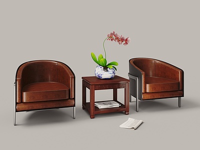 新中式棕色皮革单人沙发模型