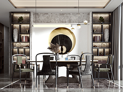 3d新中式餐厅餐椅吊灯模型